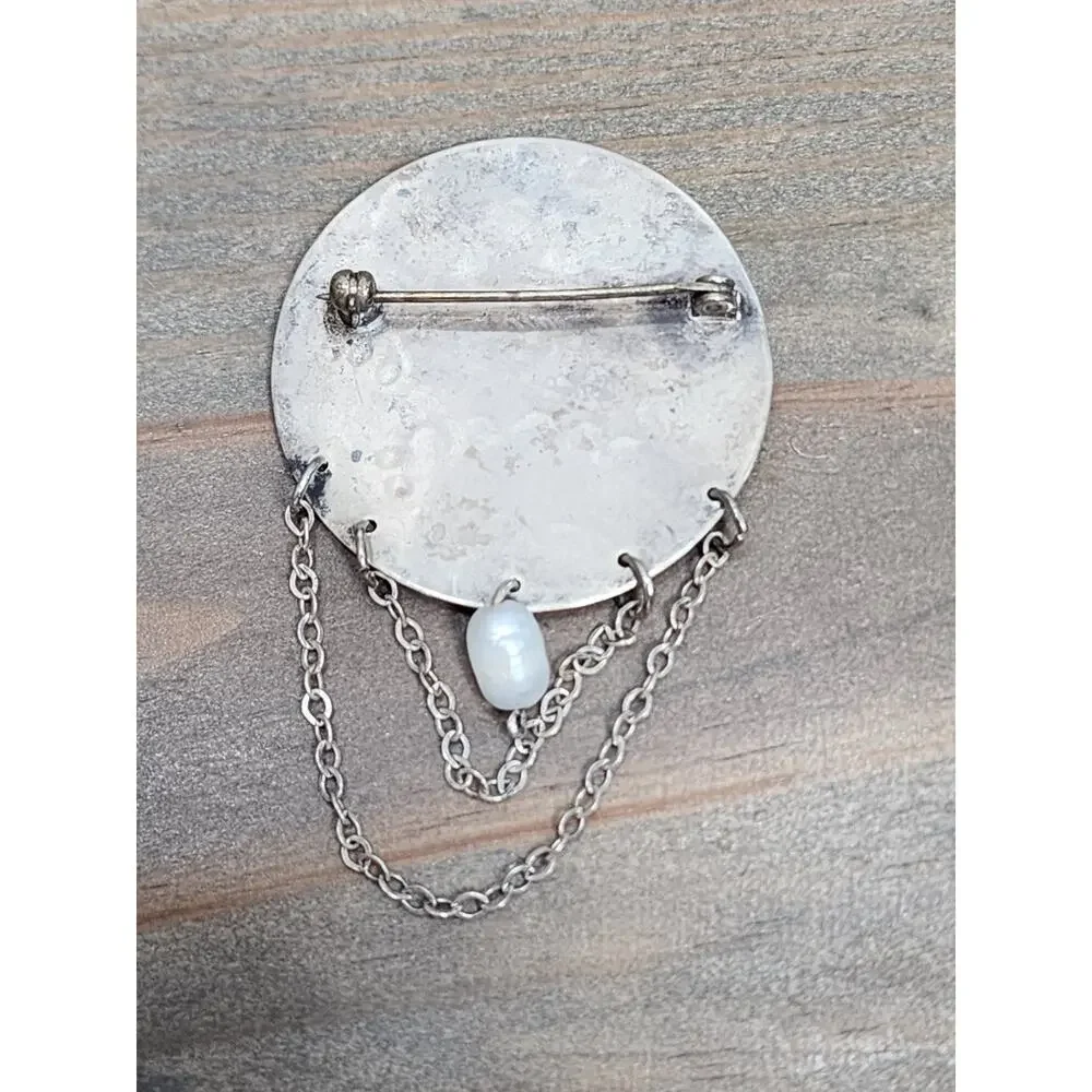 Artisan Handmade Sterling Silver 925 Hammered Moon Pearl Brooch Pendant Pin